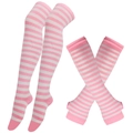 Pink and white striped over-knee socks and matching arm warmers cosplay set - One Size / Pink White Stripes