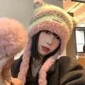 Pink and grey gradient knitted cat ear hat with warm faux fur earmuffs and pom-poms - Gradient Stripe Plush Cat Ear Hat (Pink) / Pink