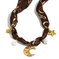 Retro 18K gold plated stainless steel silk scarf necklace with moon and star pendants - Gold Drip Moon Star Brown Scarf Style