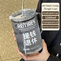 1000ml high borosilicate glass straw cup with retiree design and stainless steel straw - 1000ml / Retire Early Transparent Mug Stainless Steel Straw Brush Set