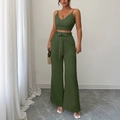 Elegant olive green two-piece linen set with V-neck camisole top and belted wide-leg pants - S / Army Green