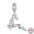 S925 sterling silver Christmas reindeer charm with snowflake engraving and colorful zircons - Elk