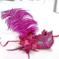Luxurious fuchsia feather mask for women with ostrich feathers and sequin trim detail - Rose Red