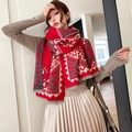 Elegant red and grey faux cashmere winter scarf with ethnic patterns and tassels - Totem Steed-Red