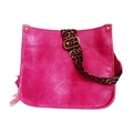 Rose red faux leather crossbody tote with adjustable leopard print strap and gold rivets - Rose Red