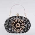 Elegant black sunflower evening clutch with gold rhinestones and metallic handle - Black