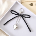 Handmade black pearl beaded bow keychain with silver heart charm and lobster clasp - Black Bow with Heart Pendant