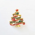 Christmas tree brooch with red and green rhinestones in golden alloy finish - Golden Christmas Tree