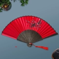 Japanese style red silk folding bamboo fan with black plum blossoms and red tassel - Black Ribs Style 66
