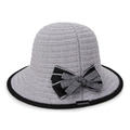 Grey breathable knitted sun hat with a striped bow and black trim detail - Light Gray