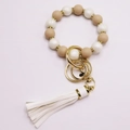 Silikon-Perlenarmband Schlüsselanhänger in Weiß und Khaki mit Gold-Strass und Quaste - Weiß-khakifarbene Perlen/Weiße Quaste