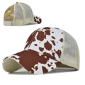 Women's cow print ponytail baseball hat with criss-cross elastic mesh back for sun protection - Adjustable / Cow Brown