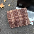 Brown plaid mohair scarf with tassels and label, styled on laptop with autumn leaves - Long / Line Coffee Plaid