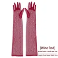 Long burgundy bridal tulle gloves with white pearls and 55cm vintage sheer design - Wine Red (Full Finger With Pearls)