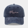 Close-up of pink Mama embroidery and heart detail on navy washed denim baseball cap - Adjustable / MAMA / Navy Blue