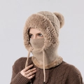 Cagoule en tricot kaki avec masque facial intégré, cache-cou et détail pompon - Khaki