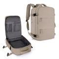 Detail view of khaki travel backpack showing large capacity and internal mesh pockets - Rose Gold (Horizontal Double Pull)