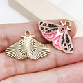 Detail of pink and black enamel moth charm with gold metal texture and hanging loop - Rose Red Butterfly 28x18mm