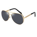 Classic gold aviator sunglasses with black lenses and plaid texture on the temples - Aviator / Gold Grey