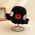 Handgefertigter schwarzer Strick-Anglerhut mit bunten Häkel-Smileys für Damen - M (56-58cm) / Smiley Schwarz
