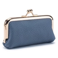 Blue lychee grain leather mini coin purse with a gold metal clasp shown from a side view - Denim Blue