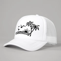 Casquette trucker blanche avec broderie de coucher de soleil tropical et palmiers - Blanc