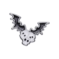 Halloween bat badge with three white skulls and black wings in silver metal finish - Black & White