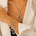 Detail of silver cross pendant necklace and bracelet set with sparkling zircon stones - Silver Bracelet+Necklace (Hollow Cross)