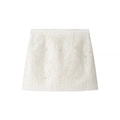 Elegant white lace mini skirt with intricate floral embroidery and scalloped hem details - S / Skirt