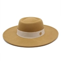 Detail of camel wool fedora hat featuring cream fabric band and gold emblem detail - M (56-58cm) / Camel