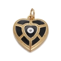 Macro view of a gold heart pendant featuring a black enamel evil eye and zircon inlay - CX150-09 Black Heart - Evil Eye