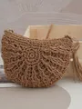 Bolso de hombro de paja artesanal en forma de media luna con borlas para playa verano - Camel