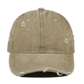Detail of distressed khaki cotton baseball cap with vintage frayed holes and worn texture - Khaki