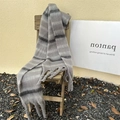 Thick mohair-style striped scarf in grey and dark grey with long tassel fringe details - Grey Horizontal Stripe