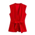 Women's V-neck sleeveless red waistcoat with adjustable bow belt and smooth fabric - XS / Red