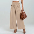Detail of high waisted wide leg trousers in khaki with elastic waist and side pockets - S / Bottoms / Apricot