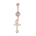 Macro detail of rose gold belly ring with zircon inlays and hollow leaf pendant - 2695 Rose Gold (Long Flower Pendant)