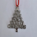 Vintage silver metal Christmas tree ornament with JOY and LOVE cutout text and red string - Christmas Tree Letter