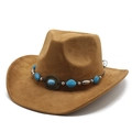 Brown suede Western cowboy hat with turquoise bead decorative band and curved brim - M(56-59CM) / Khaki (Suede)