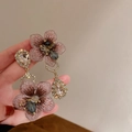 Pink fabric tulip earrings with teardrop crystals and silver needles in a hand - Pink Purple Fabric Flower (Silver Earring Post. Pink)