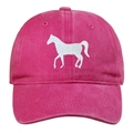 Close-up of white horse embroidery and vintage texture on rose red cotton baseball cap - Adjustable / Rose Red