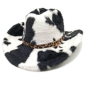 Détail d'un chapeau de cow-boy en peluche à motif vache et ruban léopard chic - M (56-58cm) / Couronne Droite Noir