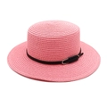 Detailed macro view of pink straw boater hat featuring a black faux leather belt and silver buckle - M(56-58cm) / Deep Pink