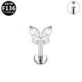 Silver G23 titanium butterfly lip stud with internal thread and clear sparkling stones - Butterfly - Silver