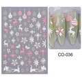 Detailed macro view of pink and white 3D Christmas nail stickers with snowflakes and reindeers - CO-036