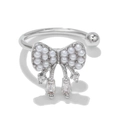 Silver bow ear cuff with inlaid pearls and hanging cubic zirconia tassels - EGJ0007 Silver