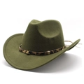 Detail of army green wool felt cowboy hat with leopard print band and star studs - M (56-58cm) / Army Green
