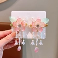 Pink flower hair clips for girls with white pearl tassels for traditional Hanfu styling - Crystal Pink Flower Clips