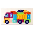 Colorful wooden truck puzzle for kids with 20 numbered blocks on white background - Dump Truck