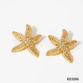 Starfish stud earrings in gold finish with sparkling crystals and textured details - Gold Starfish Earrings (KD3096)